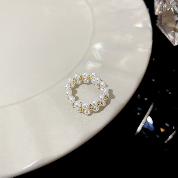 Wholesale Copper Geometric Electroplating Elastic Rope Pearl Women's Ring Retro Simple Hand Jewelry