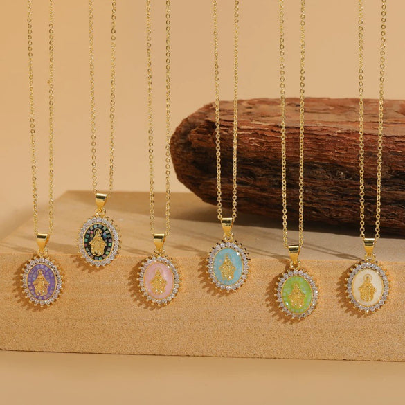 Wholesale Copper Geometric Oval Pendant Necklace With Mixed Gem Inlay And Ochain For Women
