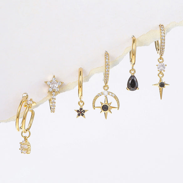 Wholesale Copper Geometric Star Inlaid Zircon Water Drop Women's Earrings Sixpiece Set