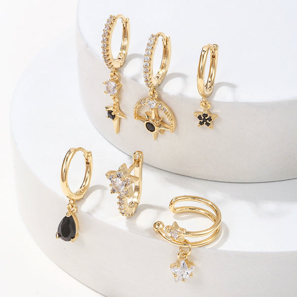 Wholesale Copper Geometric Star Inlaid Zircon Water Drop Women's Earrings Sixpiece Set