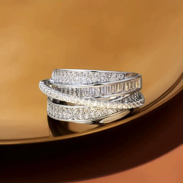 Wholesale Copper Geometric Style Multilayered Shiny Ring For Women With Zirconia Design