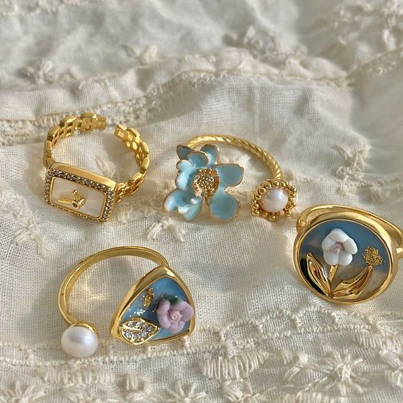 Wholesale Copper Geometric Style Ring With Oil Painting And Drop Glaze Flower Electroplated For Women