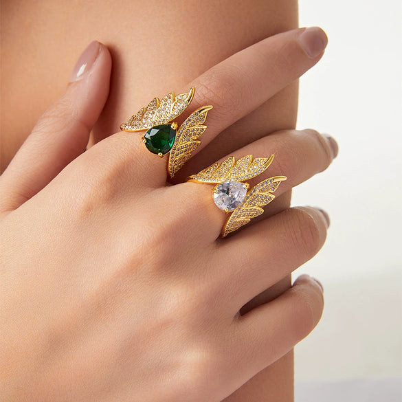 Wholesale Copper Geometric Wings Inlaid Zircon Ring Electroplated Design Unisex Finger Ring Accessories