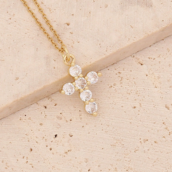 Wholesale Copper Gold Inlaid Zircon Cross Pendant Necklace For Women