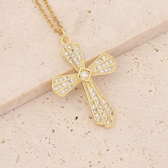Wholesale Copper Gold Inlaid Zircon Cross Pendant Necklace For Women