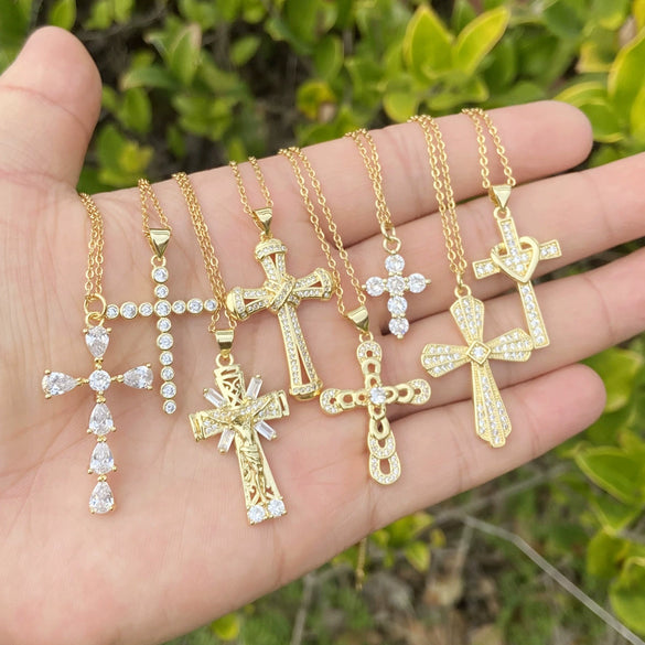 Wholesale Copper Gold Inlaid Zircon Cross Pendant Necklace For Women