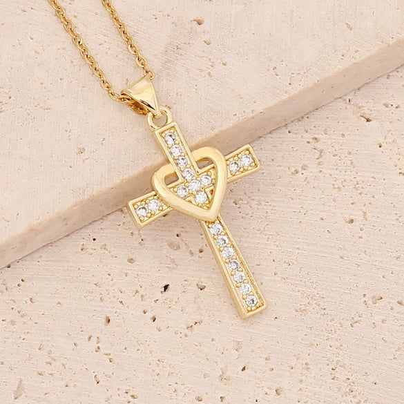 Wholesale Copper Gold Inlaid Zircon Cross Pendant Necklace For Women
