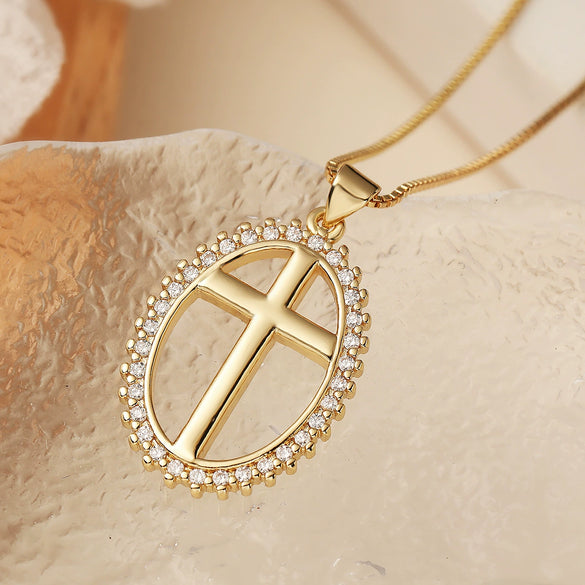 Wholesale Copper Gold Plated Zircon Cross Pendant Necklace Geometric Style For Female
