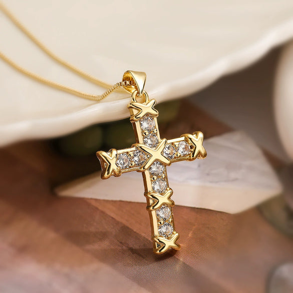 Wholesale Copper Gold Plated Zircon Cross Pendant Necklace Geometric Style For Female