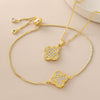 Wholesale Copper Goldplated Fourleaf Clover Pendant Necklace And Bracelet Set Jewelry For Women With Plants And Flowers Pattern And O Word Chain
