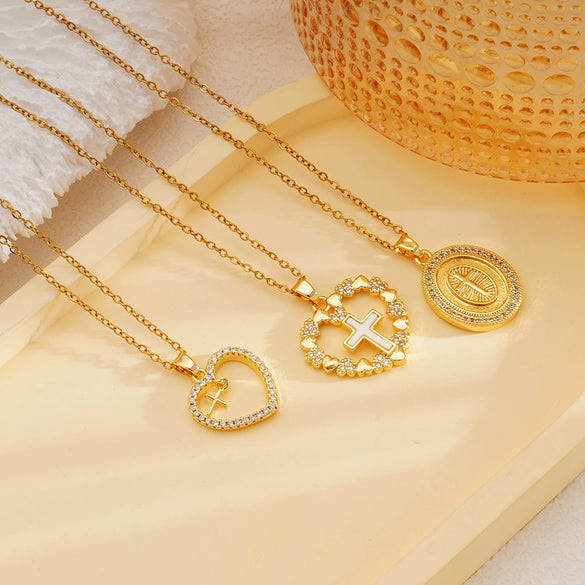 Wholesale Copper Goldplated Geometric Micropaved Zircon Cross Women's Light Luxury O Chain Necklace