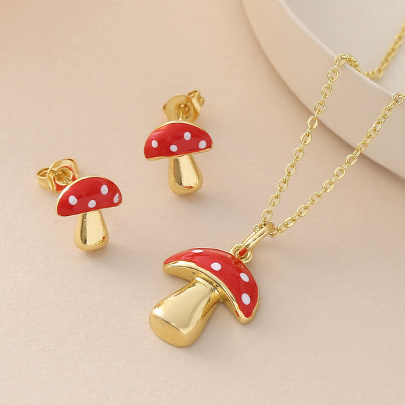 Wholesale Copper Goldplated Ins Style Mushroom Pendant Necklace And Earrings Set For Women