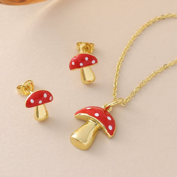 Wholesale Copper Goldplated Ins Style Mushroom Pendant Necklace And Earrings Set For Women