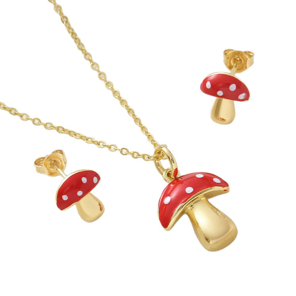 Wholesale Copper Goldplated Ins Style Mushroom Pendant Necklace And Earrings Set For Women