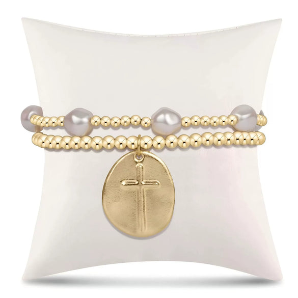 Wholesale Copper Goldplated Pearl Copper Bead Elastic Bracelet With Geometric Design For Unisex And Women