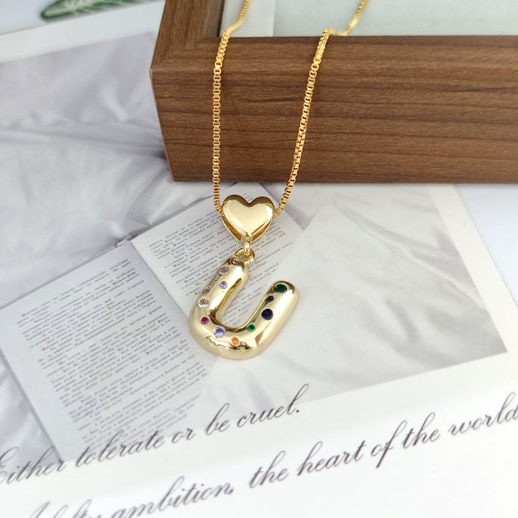 Wholesale Copper Inlaid Color Zircon Love Glossy Letter Pendant Ladies Necklace With Letters Pattern