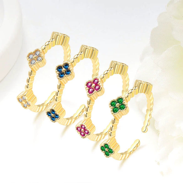 Wholesale Copper Inlaid Colored Diamond Geometric Flower Petal Fourleaf Clover Open Adjustable Women's Ring With Electroplating