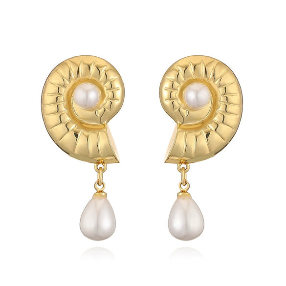 Wholesale Copper Inlaid Pearl Flower Petal And Geometric C Shaped Women's Earrings