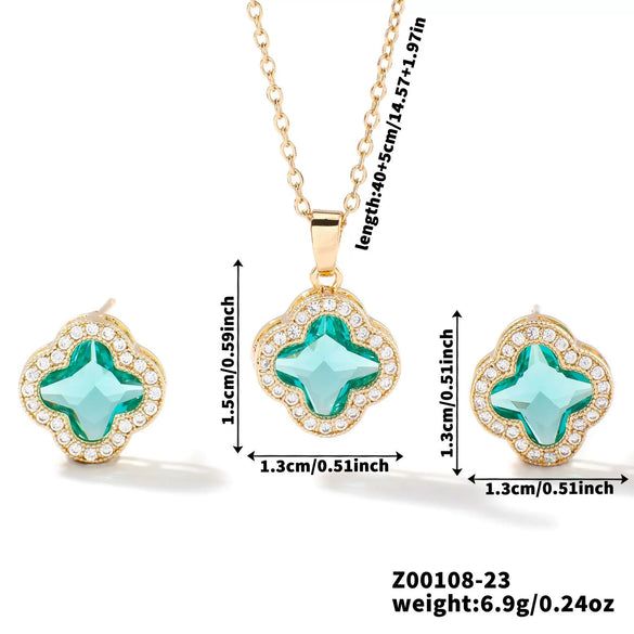 Wholesale Copper Inlaid Zircon Natural Plants And Flowers Style Fourleaf Clover Earrings And Necklace Twopiece Jewelry Set
