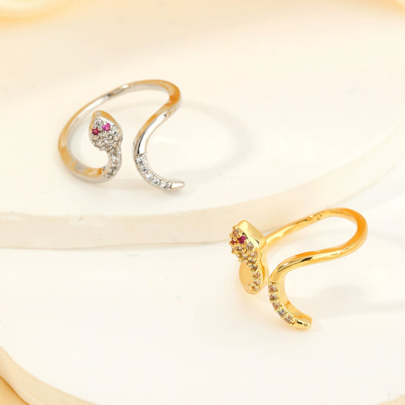 Wholesale Copper Inlaid Zircon Snake Zodiac Open Ring Electroplated Women's Fashion Jewelry