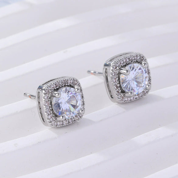 Wholesale Copper Jewelry Geometric Style Microinlaid Square Zircon Necklace And Earring Set For Women