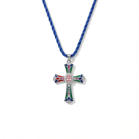 Wholesale Copper 18K Goldplated Cross Pendant Necklace With Braided Rope And Ochain For Women