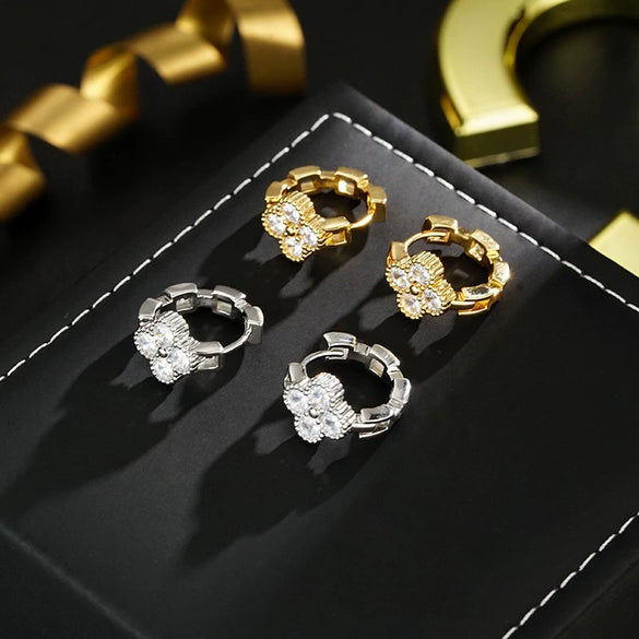 Wholesale Copper 18K Real Gold Plated Micropaved Zircon Fourleaf Clover Light Luxury Earrings