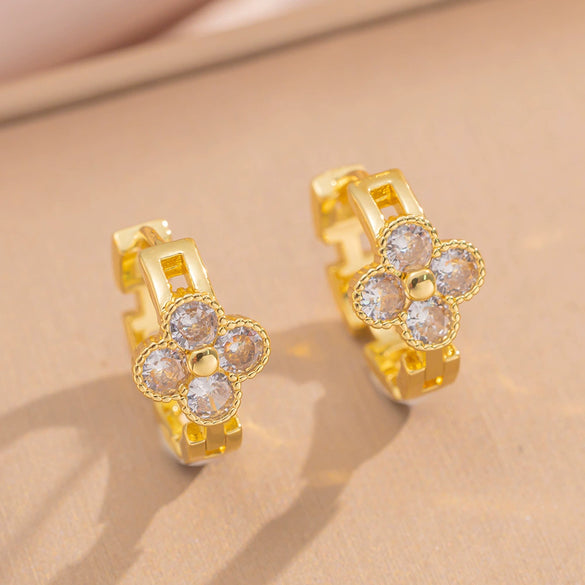 Wholesale Copper 18K Real Gold Plated Micropaved Zircon Fourleaf Clover Light Luxury Earrings