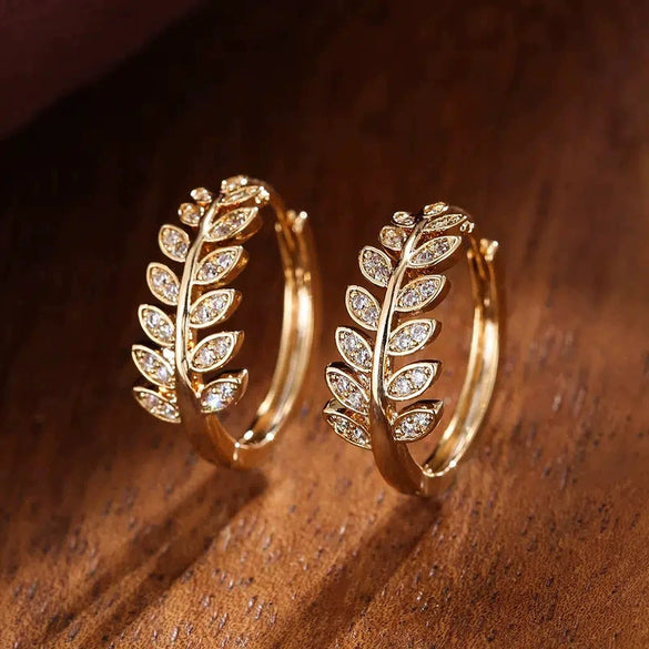 Wholesale Copper Leaves Olive Branch Micro Inlaid Zircon Women's Pastoral Style Earrings