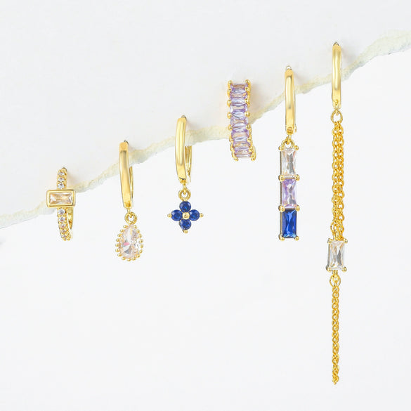 Wholesale Copper Light Luxury Tassel Sapphire Earrings With Geometric And Flower Pattern And Inlaid Zircon
