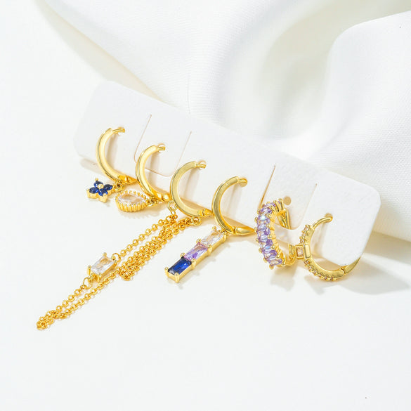 Wholesale Copper Light Luxury Tassel Sapphire Earrings With Geometric And Flower Pattern And Inlaid Zircon