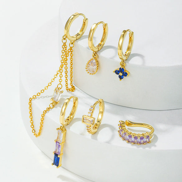 Wholesale Copper Light Luxury Tassel Sapphire Earrings With Geometric And Flower Pattern And Inlaid Zircon