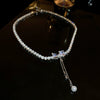 Wholesale Copper Love Bow Heart Zircon Pearl Tassel Clavicle Chain Necklace With Diamond Design And Mixed Gem Inlay