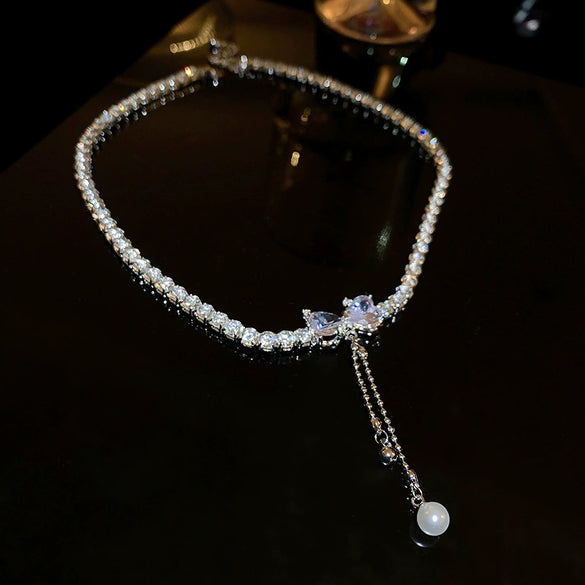 Wholesale Copper Love Bow Heart Zircon Pearl Tassel Clavicle Chain Necklace With Diamond Design And Mixed Gem Inlay