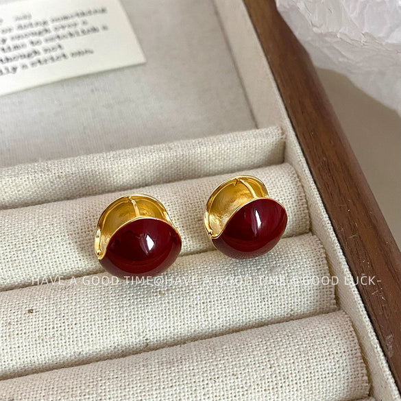 Wholesale Copper Metal Ball Earrings With Pearlescent Drop Glaze Wine Red Color Geometric Pattern Electroplating For Women