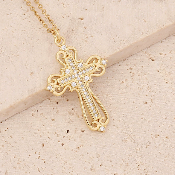 Wholesale Copper Microinlaid Zircon Cross Hip Hop 18K Gold Pendant Necklace