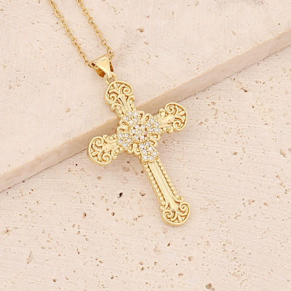 Wholesale Copper Microinlaid Zircon Cross Hip Hop 18K Gold Pendant Necklace