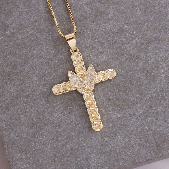 Wholesale Copper Microinlaid Zircon Cross Pendant Hiphop Necklace Electroplated Unisex