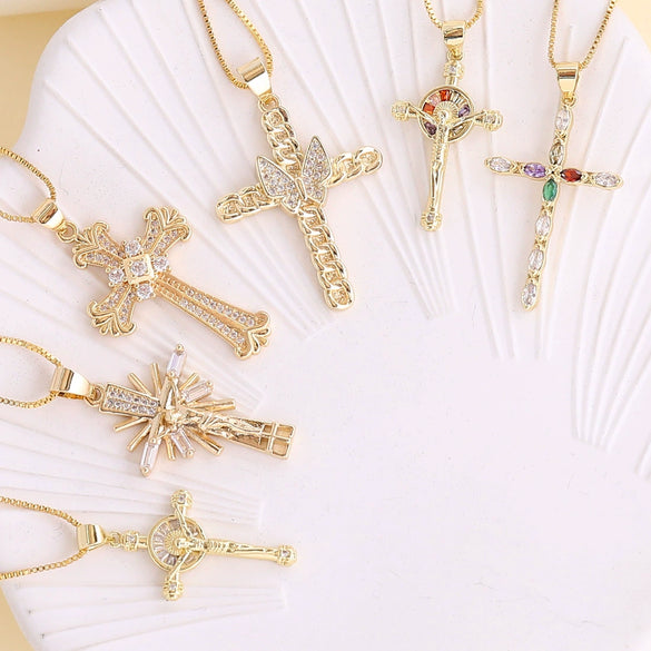 Wholesale Copper Microinlaid Zircon Cross Pendant Hiphop Necklace Electroplated Unisex