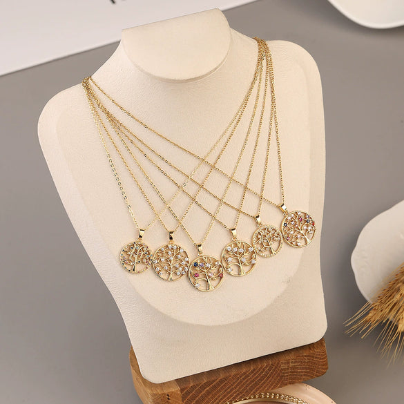 Wholesale Copper Microinlaid Zircon Tree Of Life Pendant Ochain Necklace With Electroplating Treatment Natural Plant Style For Women