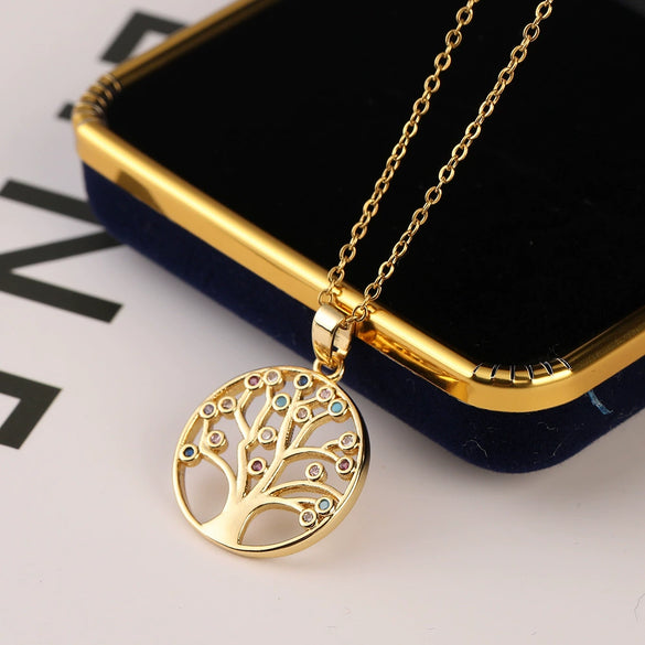 Wholesale Copper Microinlaid Zircon Tree Of Life Pendant Ochain Necklace With Electroplating Treatment Natural Plant Style For Women