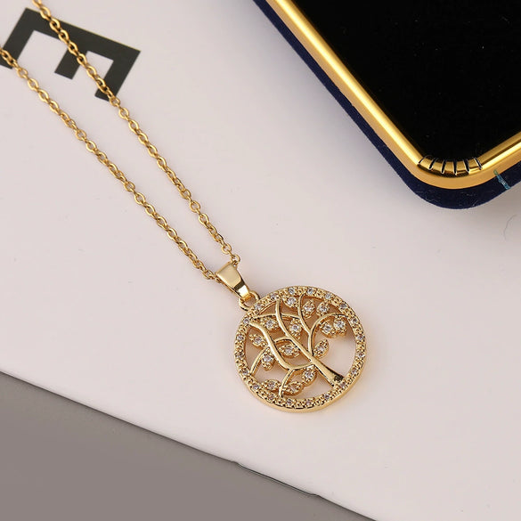 Wholesale Copper Microinlaid Zircon Tree Of Life Pendant Ochain Necklace With Electroplating Treatment Natural Plant Style For Women