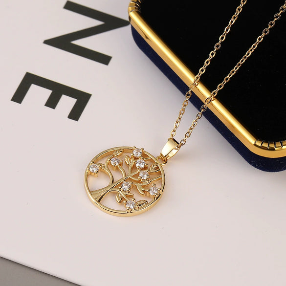 Wholesale Copper Microinlaid Zircon Tree Of Life Pendant Ochain Necklace With Electroplating Treatment Natural Plant Style For Women