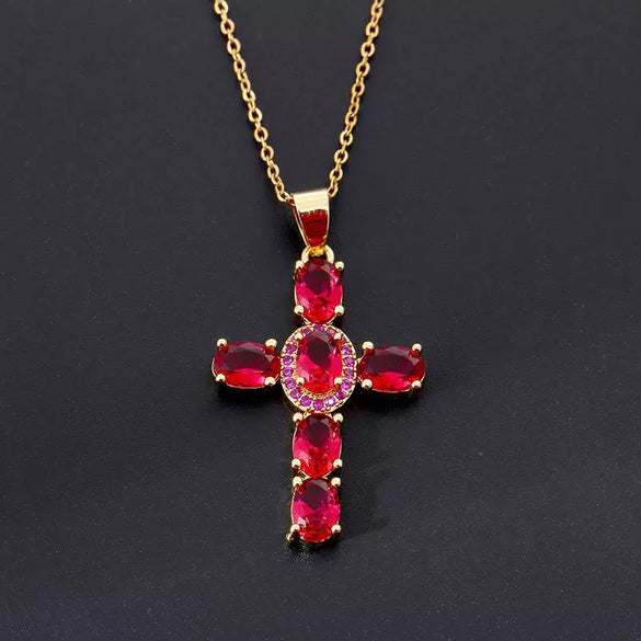 Wholesale Copper Micropaved Colorful Zircon Geometric Cross Pendant Clavicle Chain Necklace Jewelry