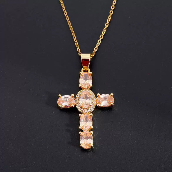 Wholesale Copper Micropaved Colorful Zircon Geometric Cross Pendant Clavicle Chain Necklace Jewelry
