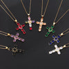 Wholesale Copper Micropaved Colorful Zircon Geometric Cross Pendant Clavicle Chain Necklace Jewelry