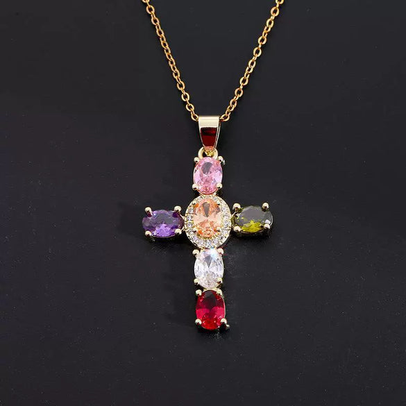 Wholesale Copper Micropaved Colorful Zircon Geometric Cross Pendant Clavicle Chain Necklace Jewelry