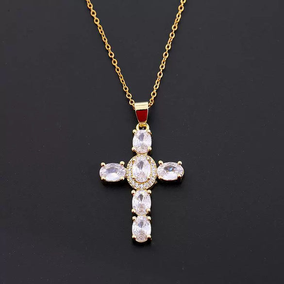 Wholesale Copper Micropaved Colorful Zircon Geometric Cross Pendant Clavicle Chain Necklace Jewelry