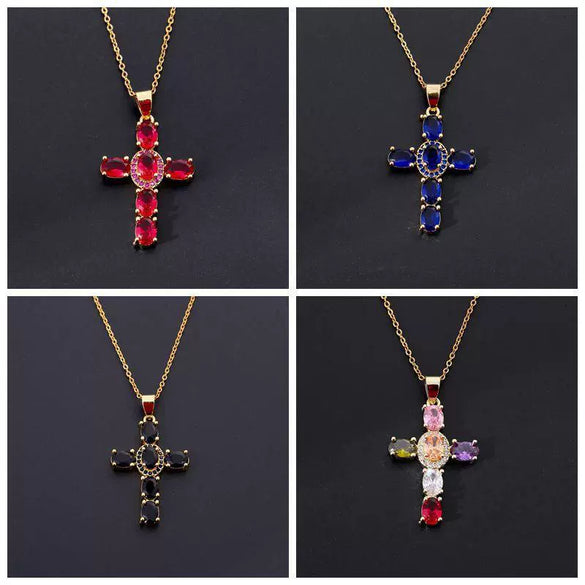 Wholesale Copper Micropaved Colorful Zircon Geometric Cross Pendant Clavicle Chain Necklace Jewelry