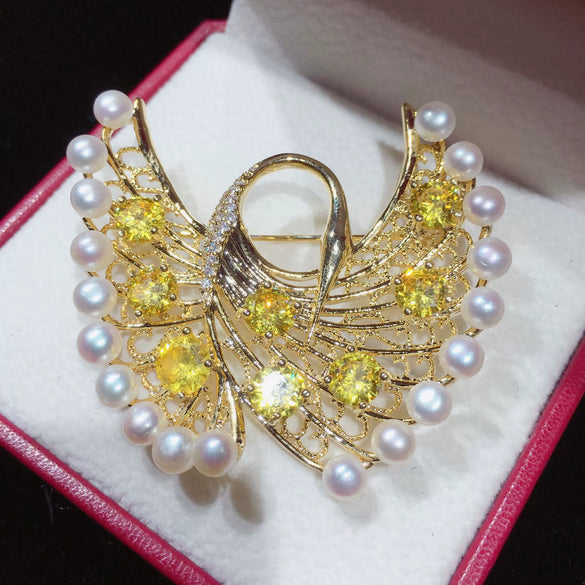 Wholesale Copper Natural Freshwater Pearl Swan Brooch Highgrade Craft